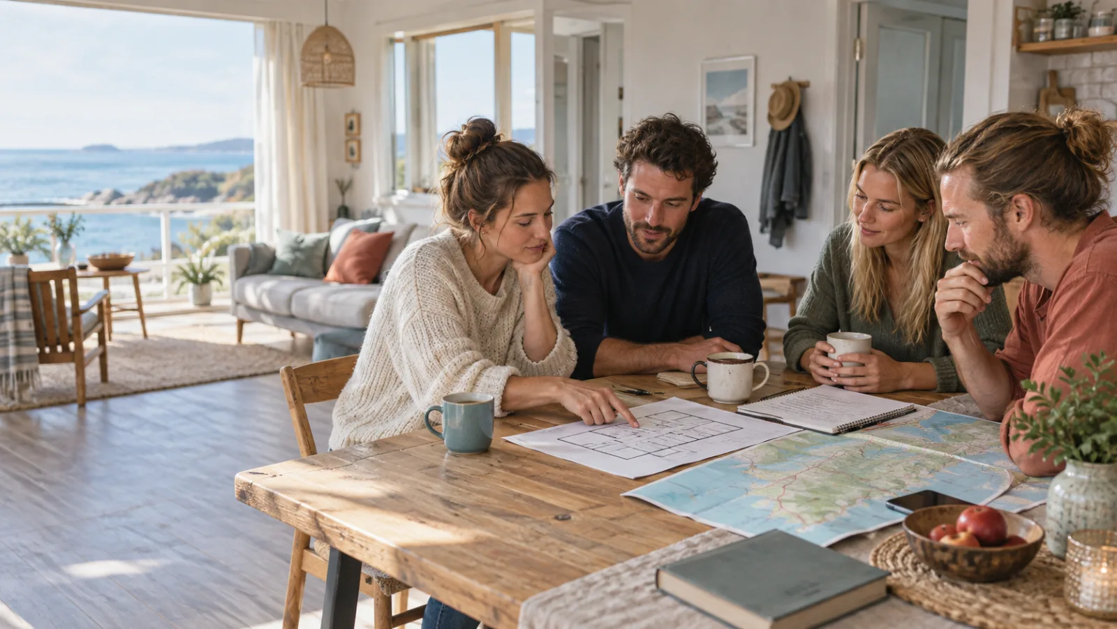 Freunde vergleichen gemeinsam Grundriss und Reiseplan